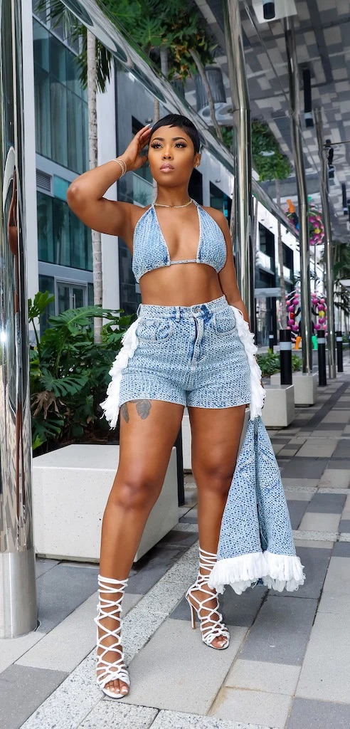 Plus Size Fringe Cut Denim Outer With String Inner Brassier And Shorts 3Pcs Set_3