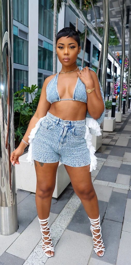 Plus Size Fringe Cut Denim Outer With String Inner Brassier And Shorts 3Pcs Set_9