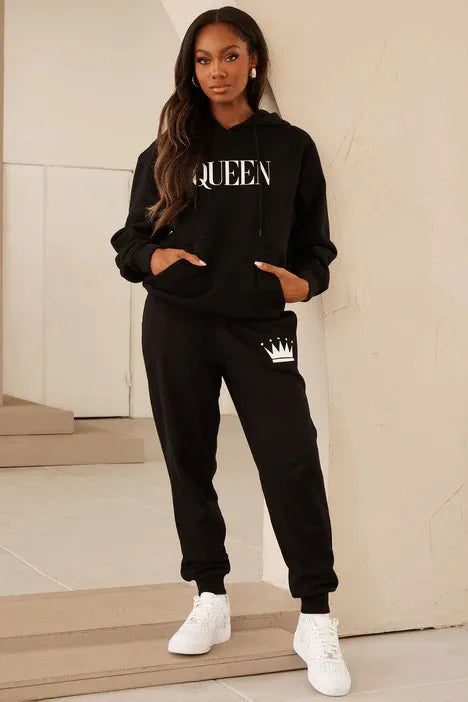 Queen Printed Plush Hooded Sweater Set for Women|black|plus size hoodie and jogger set|athlesuire wear|Bella Modal