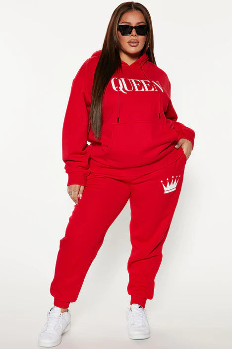 Queen Printed Plush Hooded Sweater Set for Women|red|plus size hoodie and jogger set|athlesuire wear|Bella Modal