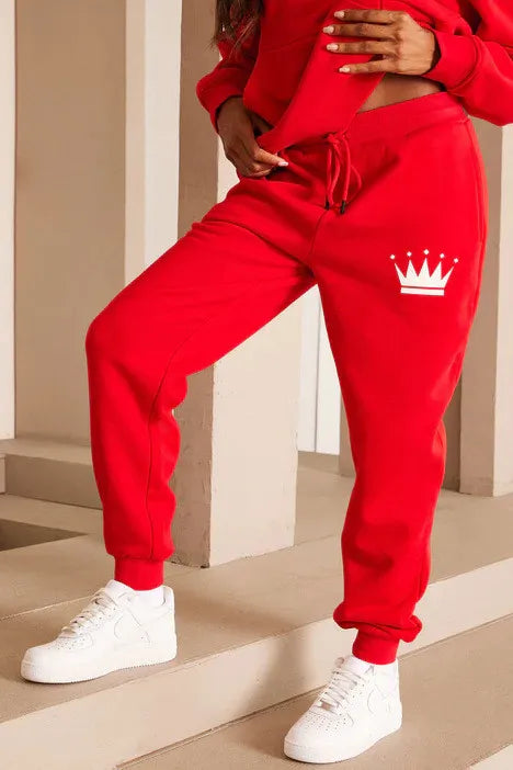 Queen Printed Plush Hooded Sweater Set for Women|red|plus size hoodie and jogger set|athlesuire wear|Bella Modal