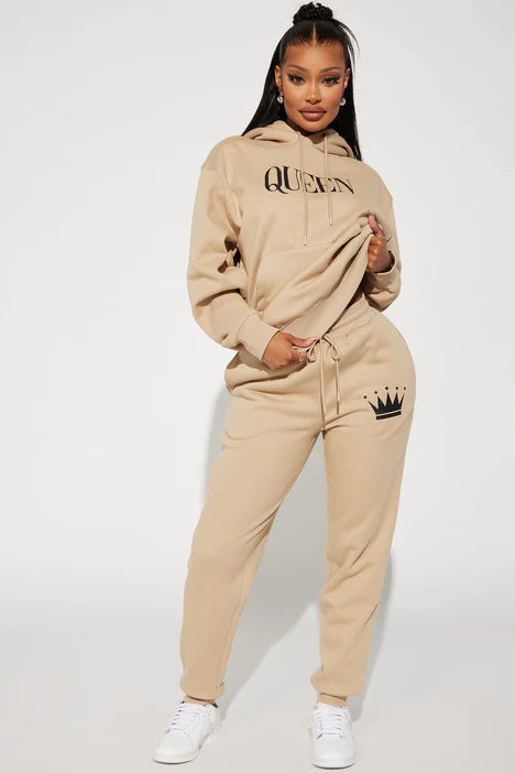 Queen Printed Plush Hooded Sweater Set for Women|khaki|plus size hoodie and jogger set|athlesuire wear|Bella Modal