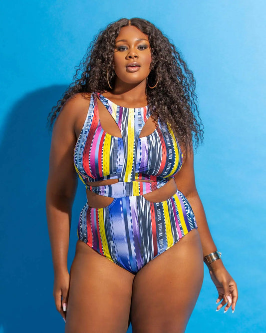 African Print Plus Size Hollow One-Piece Swimsuit_0