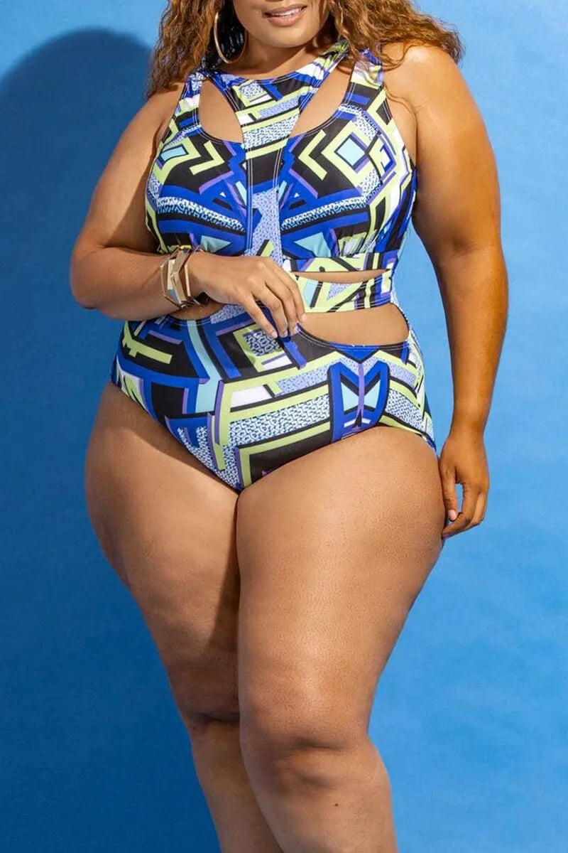 African Print Plus Size Hollow One-Piece Swimsuit_1