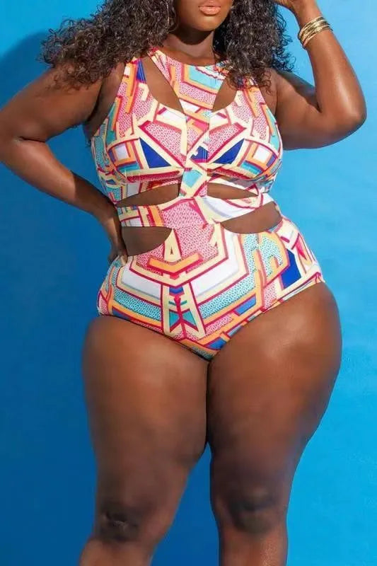 African Print Plus Size Hollow One-Piece Swimsuit_2