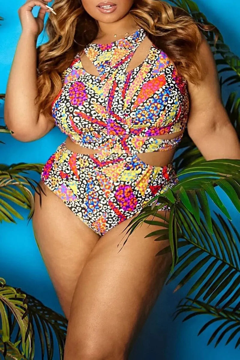 African Print Plus Size Hollow One-Piece Swimsuit_4