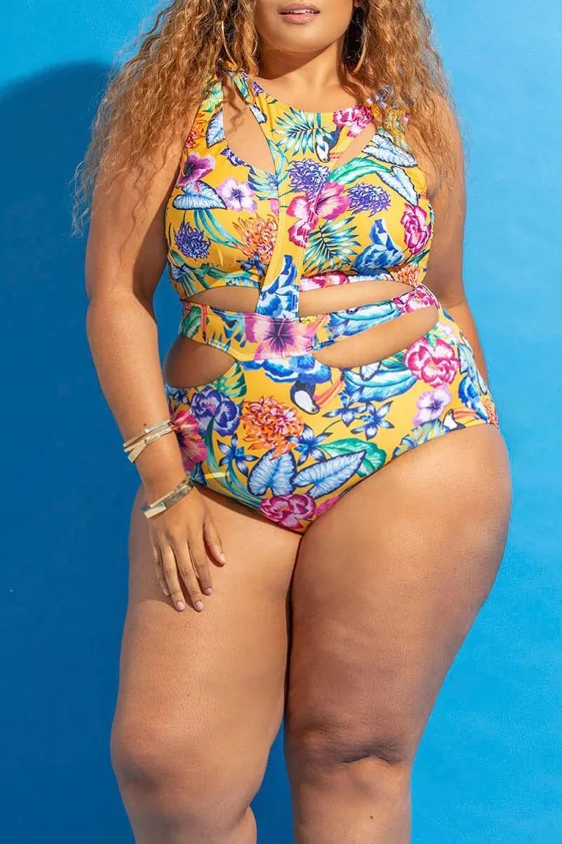 African Print Plus Size Hollow One-Piece Swimsuit_5