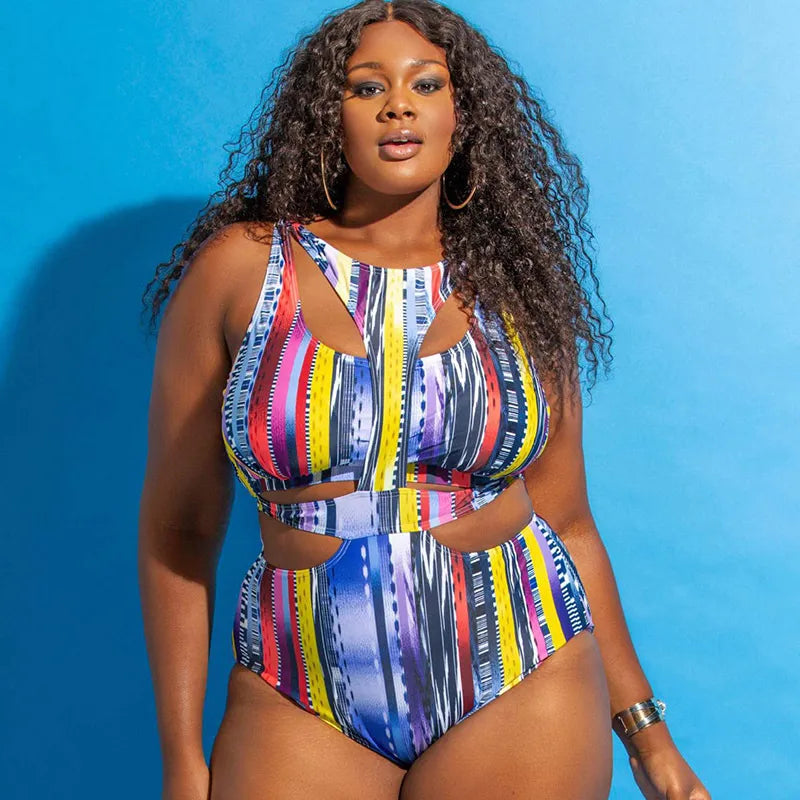African Print Plus Size Hollow One-Piece Swimsuit_6