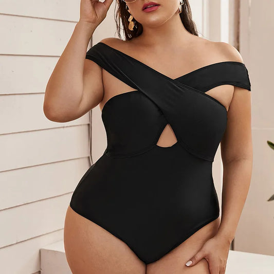 Curve Diva Plus: Solid Color Crossover One-Piece Swimsuit_0