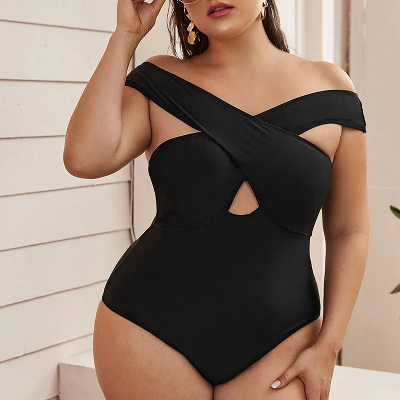 Curve Diva Plus: Solid Color Crossover One-Piece Swimsuit_1