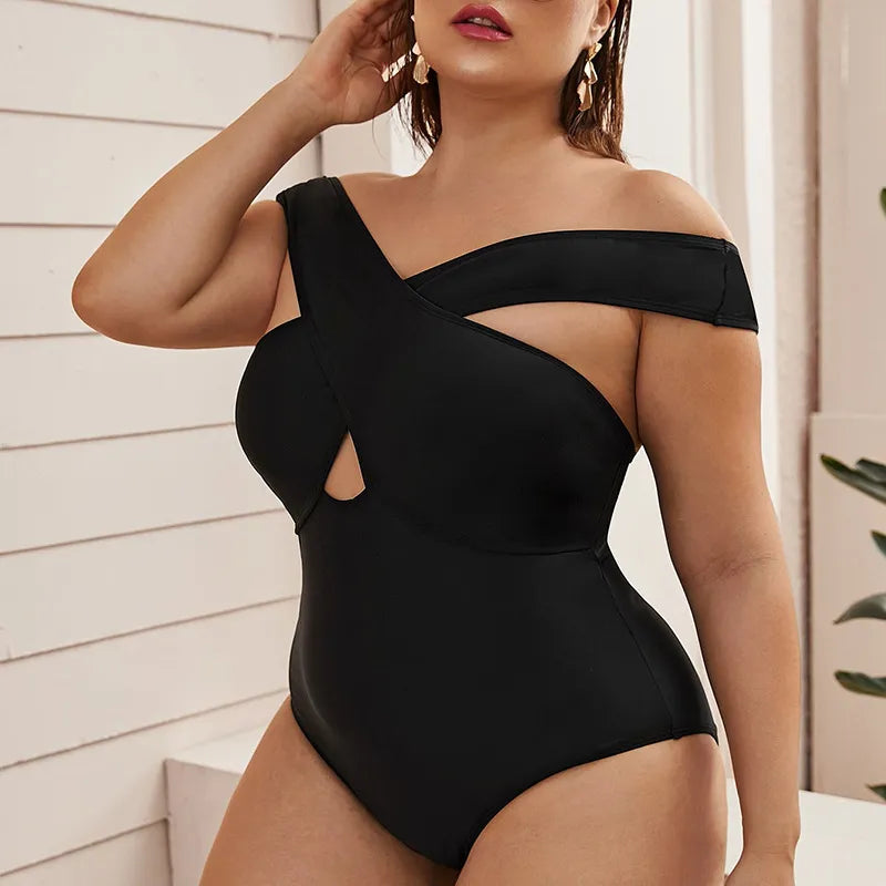 Curve Diva Plus: Solid Color Crossover One-Piece Swimsuit_2