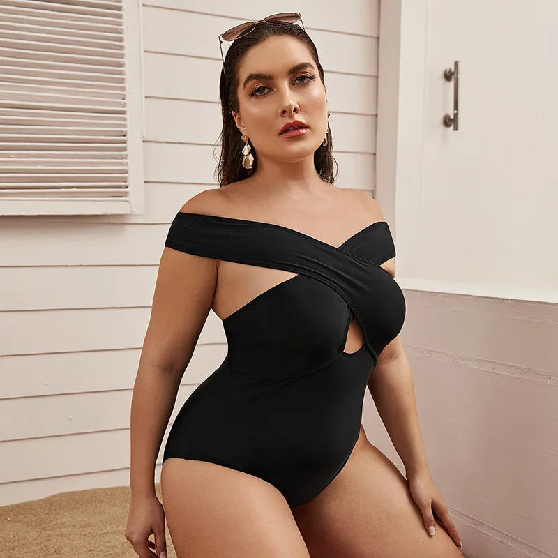Curve Diva Plus: Solid Color Crossover One-Piece Swimsuit_3