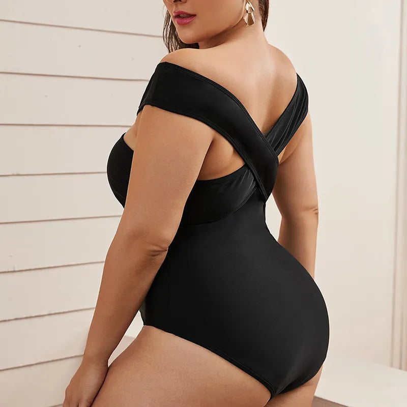Curve Diva Plus: Solid Color Crossover One-Piece Swimsuit_4