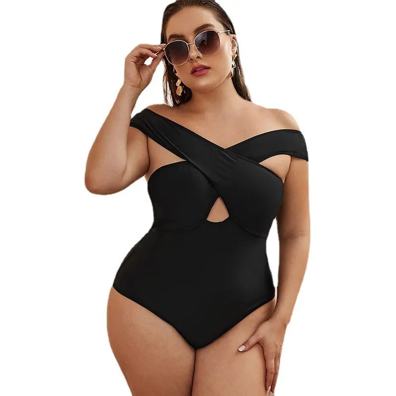 Curve Diva Plus: Solid Color Crossover One-Piece Swimsuit_5