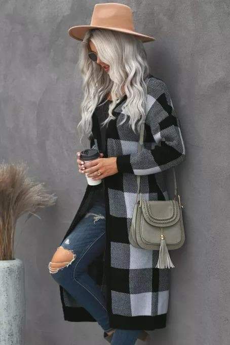 Buffalo plaid Cardigan. Long-sleeve | Knee- length | open front | Soft and Comfortable | Bella Modal 